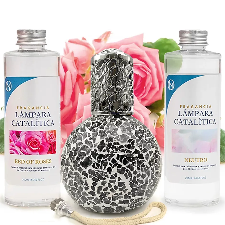 Mamamanuela Pack économique Lampe Catalytique Mosaïque Noir + Parfum Bed of Roses (200 ml) + Nettoyant Neutre (200 ml) + Mèche de Rechange Hot