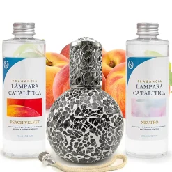 Mamamanuela Pack économique Lampe Catalytique Mosaïque Noir + Parfum Peach Velvet (500 ml) + Nettoyant Neutre (200 ml) + Mèche de Rechange New