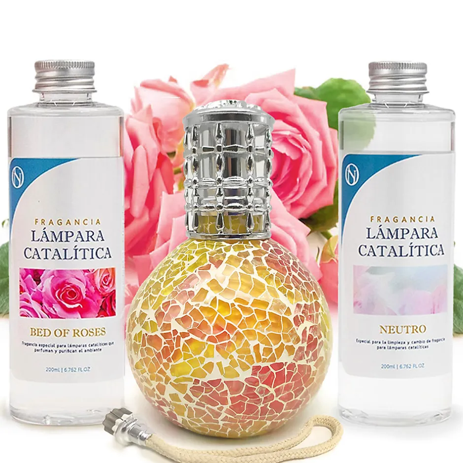 Mamamanuela Pack économique Lampe Catalytique Mosaïque Bicolore + Parfum Bed of Roses (200 ml) + Nettoyant Neutre (200 ml) + Mèche de Rechange