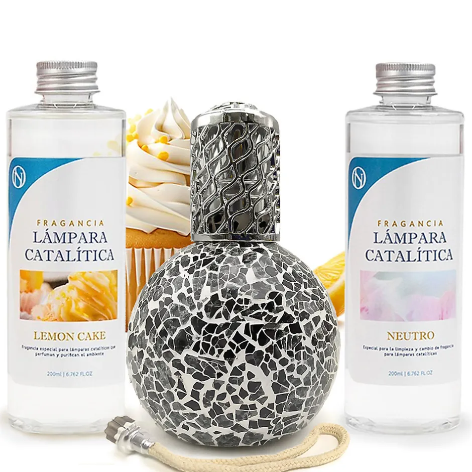 Mamamanuela Pack économique Lampe Catalytique Mosaïque Noir + Parfum Lemon Cake (500 ml) + Nettoyant Neutre (200 ml) + Mèche de Rechange