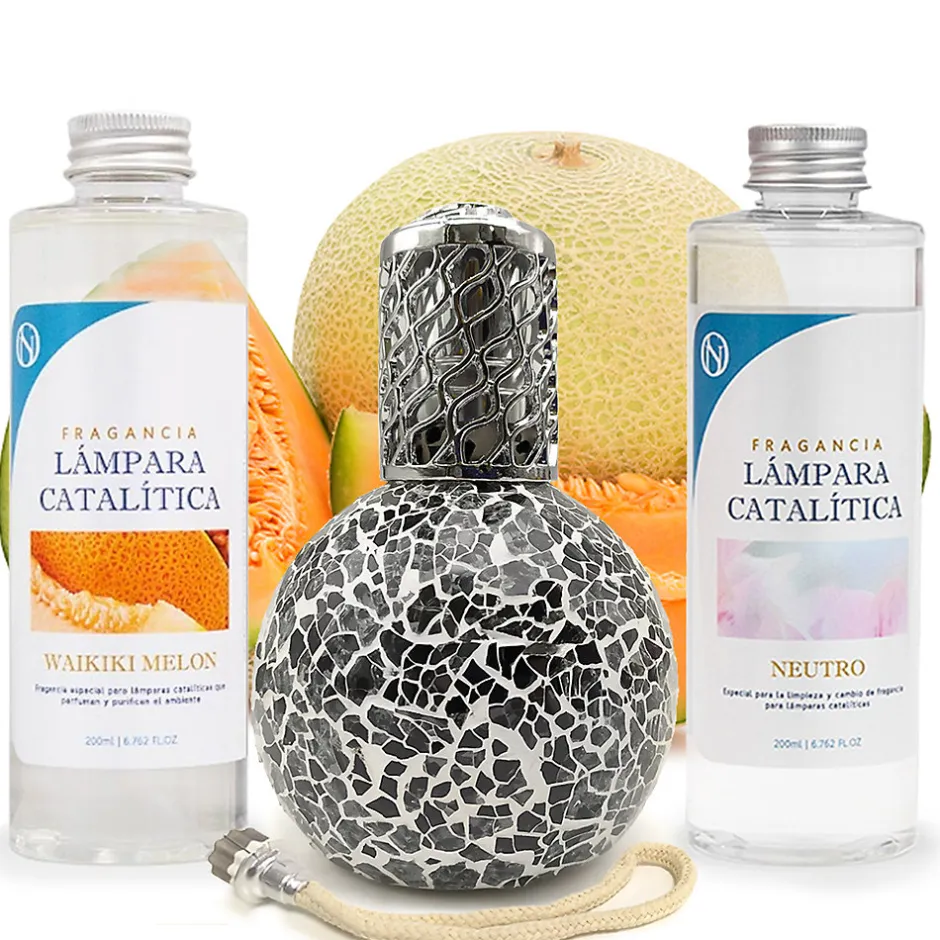 Mamamanuela Pack économique Lampe Catalytique Mosaïque Noir + Parfum Waikiki Melon (500 ml) + Nettoyant Neutre (200 ml) + Mèche de Rechange