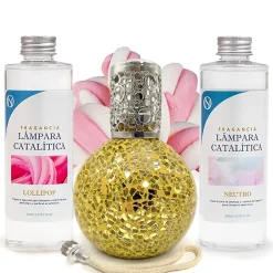 Mamamanuela Pack économique Lampe Catalytique Mosaïque Doré + Parfum Lollipop (200 ml) + Nettoyant Neutre (200 ml) + Mèche de Rechange Outlet