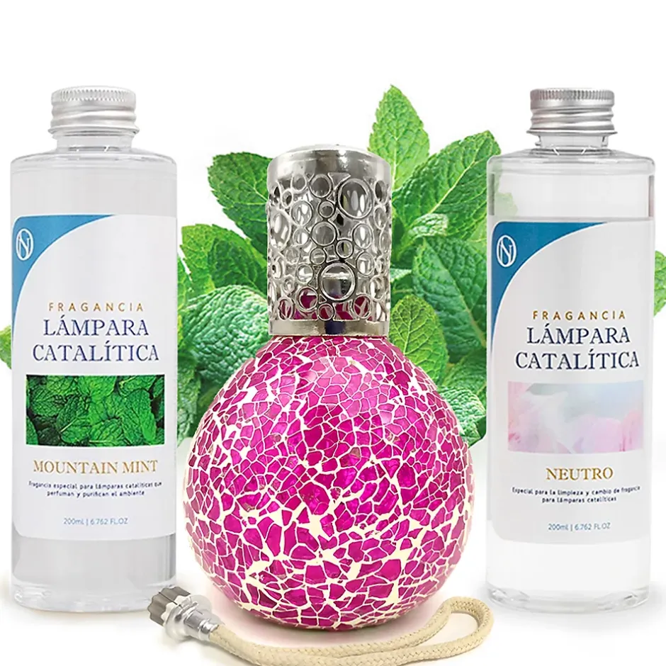 Mamamanuela Pack économique Lampe Catalytique Mosaïque Fuchsia + Parfum Mountain Mint (200 ml) + Nettoyant Neutre (200 ml) + Mèche de Rechange Hot