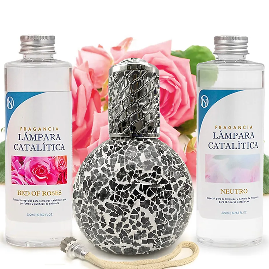 Mamamanuela Pack économique Lampe Catalytique Mosaïque Noir + Parfum Bed of Roses (500 ml) + Nettoyant Neutre (200 ml) + Mèche de Rechange