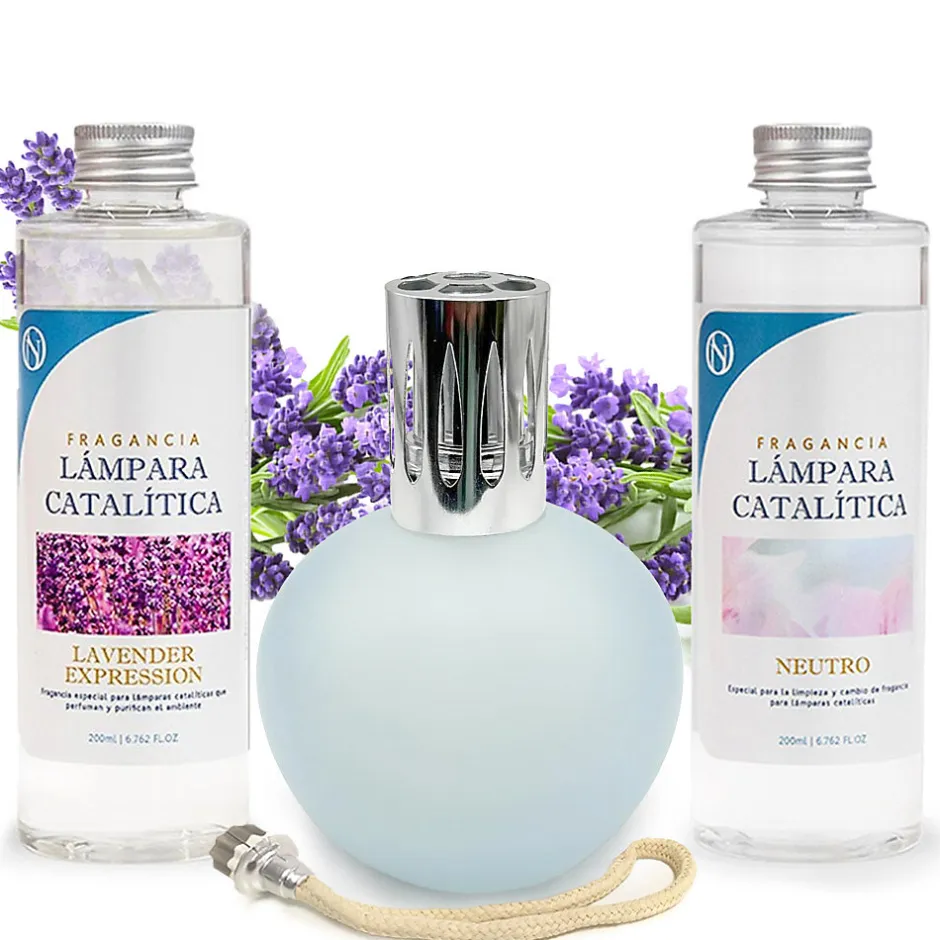 Mamamanuela Pack économique Lampe Catalytique Bleu-Gris Mat + Parfum Lavender Expression (200ml) + Nettoyant Neutre (200ml) + Mèche Rechange