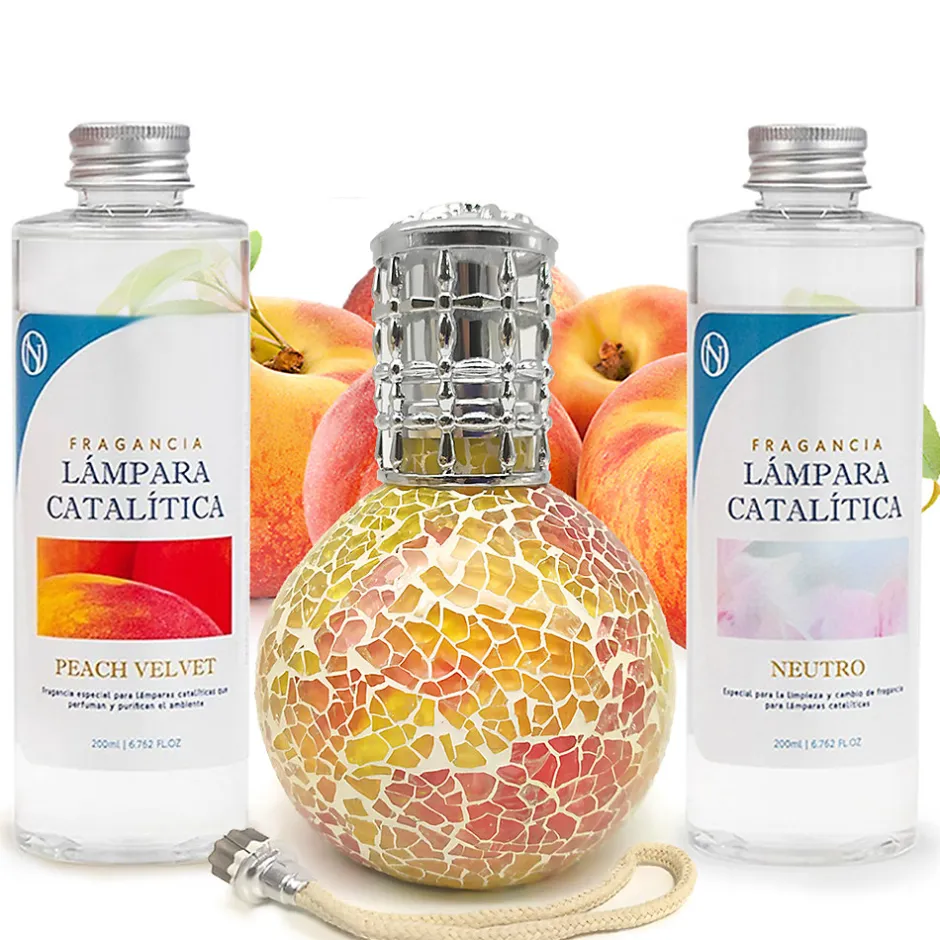 Mamamanuela Pack économique Lampe Catalytique Mosaïque Bicolore + Parfum Peach Velvet (500 ml) + Nettoyant Neutre (200 ml) + Mèche de Rechange