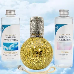 Mamamanuela Pack économique Lampe Catalytique Mosaïque Doré + Parfum Cotton Clean (200 ml) + Nettoyant Neutre (200 ml) + Mèche de Rechange