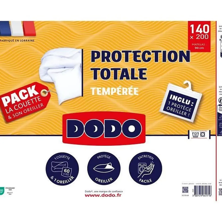 Dodo Pack couette 140x200 cm + 1 oreiller 60x60 cm + 1 Protege oreiller 60x60 cm - garnissage 100% Polyester - 350g/m² - blanc - Discount