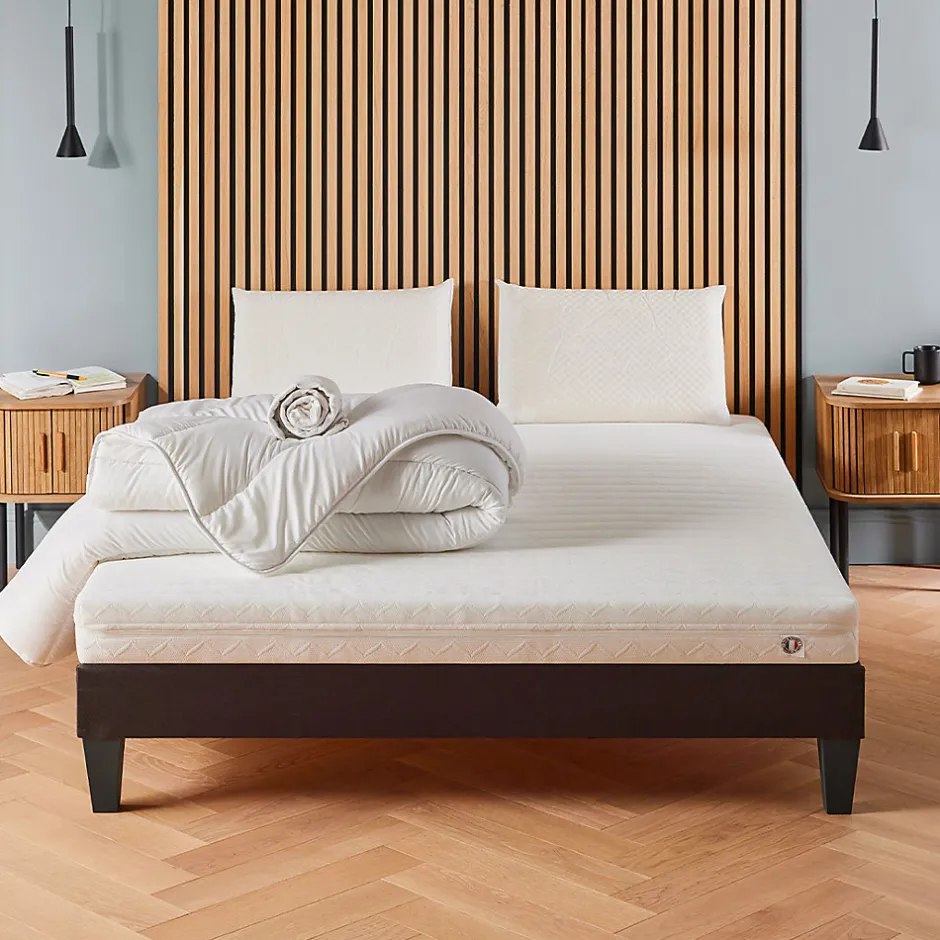 Olympe Literie Pack Egio 160x200 cm Matelas Mousse + Sommier Bois + Accessoires