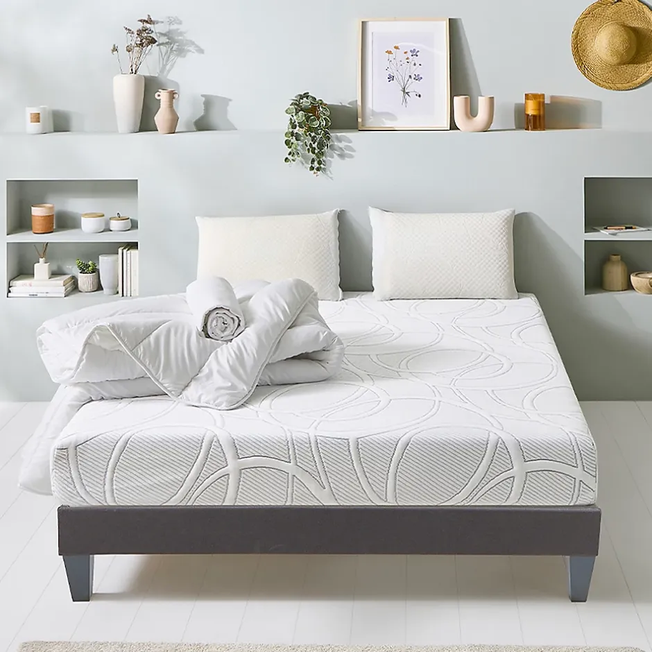 Olympe Literie Pack Eupraxie 180x200 cm Matelas Mousse + Sommier Bois + Accessoires Sale