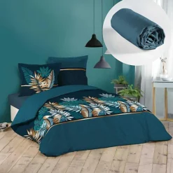 L'Effet Papillon Pack housse de couette 220x240 cm Alianor + drap housse 140x190 Bleu