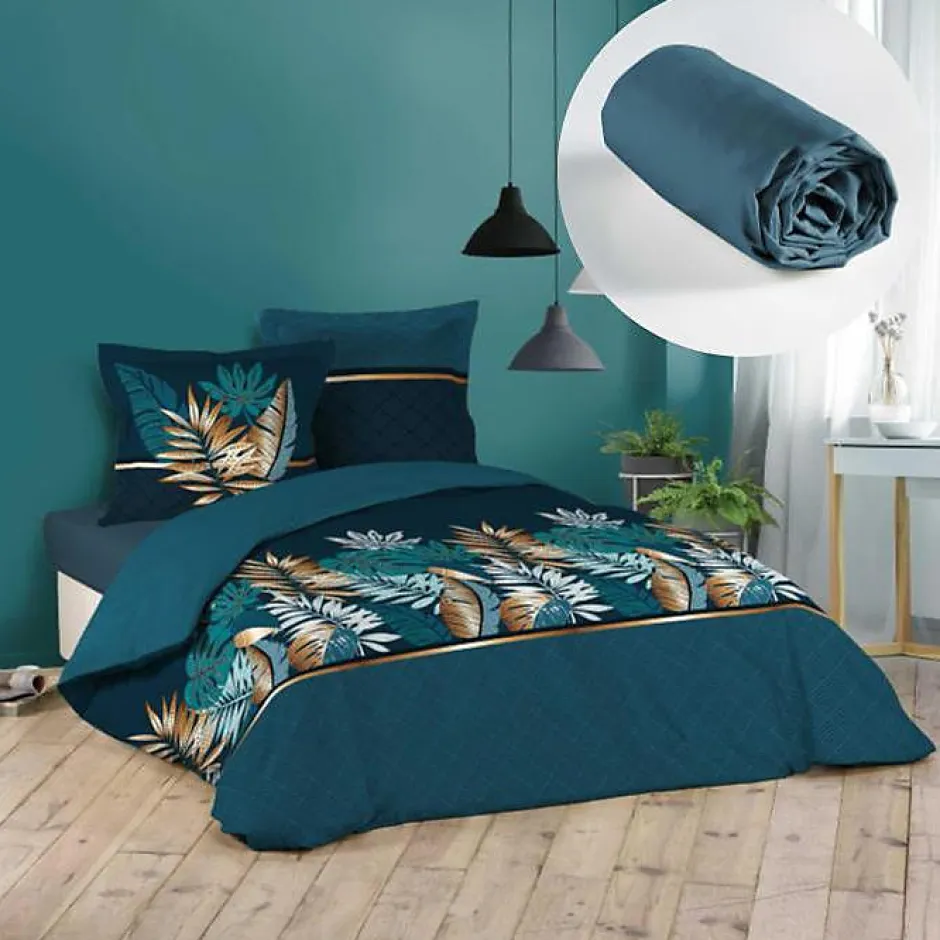 L'Effet Papillon Pack housse de couette 220x240 cm Alianor + drap housse 140x190 Bleu