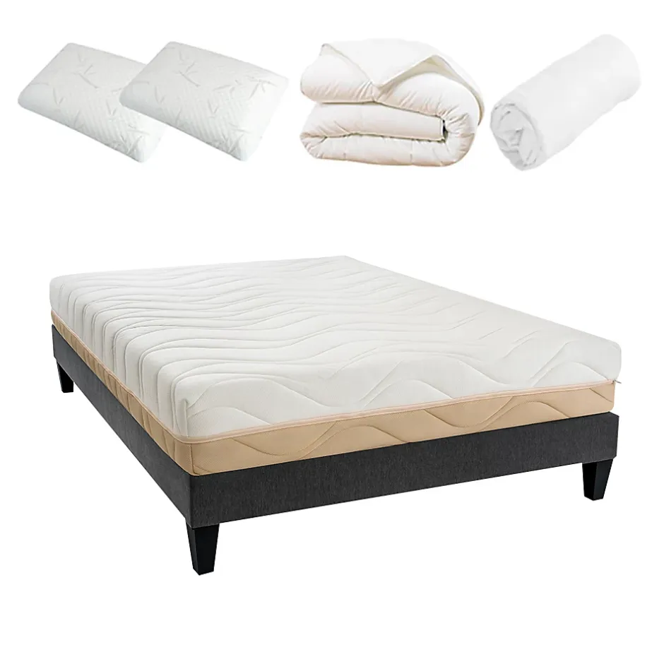Bellecour Pack Leman 140x200 cm Matelas Mousse + Sommier Bois + Accessoires Hot