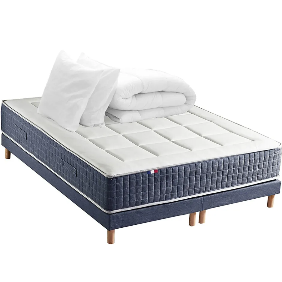 Idliterie Pack matelas 7 zones sommier bleu couette oreillers 160x200
