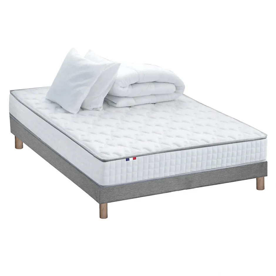 Idliterie Pack matelas ressorts ASTRE + sommier kit gris + couette et oreillers 140x200