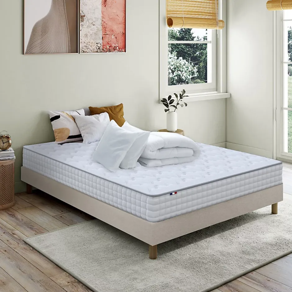 Idliterie Pack matelas ressorts ASTRE + sommier kit beige + couette et oreillers 140x190 Outlet