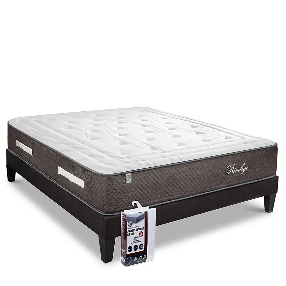 Bellecour Pack Privilège 90x200 cm Matelas Ressorts + Sommier Bois + Protège matelas anti punaise Outlet
