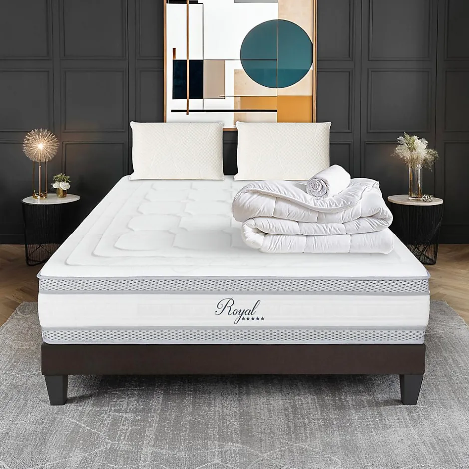 Hypsom Pack Royal 5 Etoiles 140x190 cm Matelas Mousse + Sommier Bois + Accessoires
