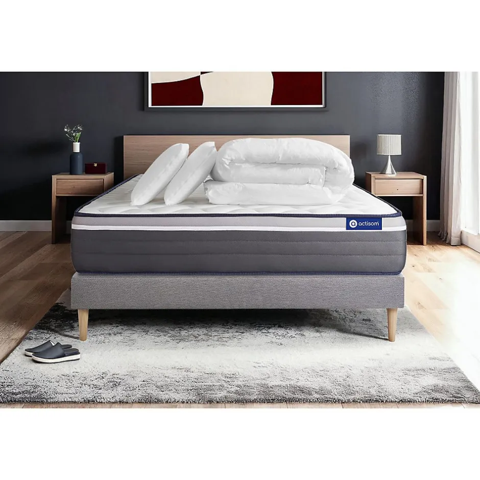 Actisom Pack sommier kit matelas Latex et mémoire de forme avec couette et oreillers Discount