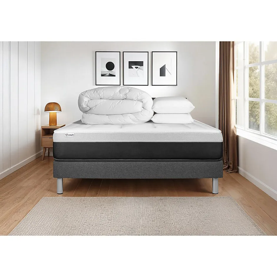 Vitalit Pack sommier kit matelas Ressorts ensachés et mémoire de forme avec couette et oreillers