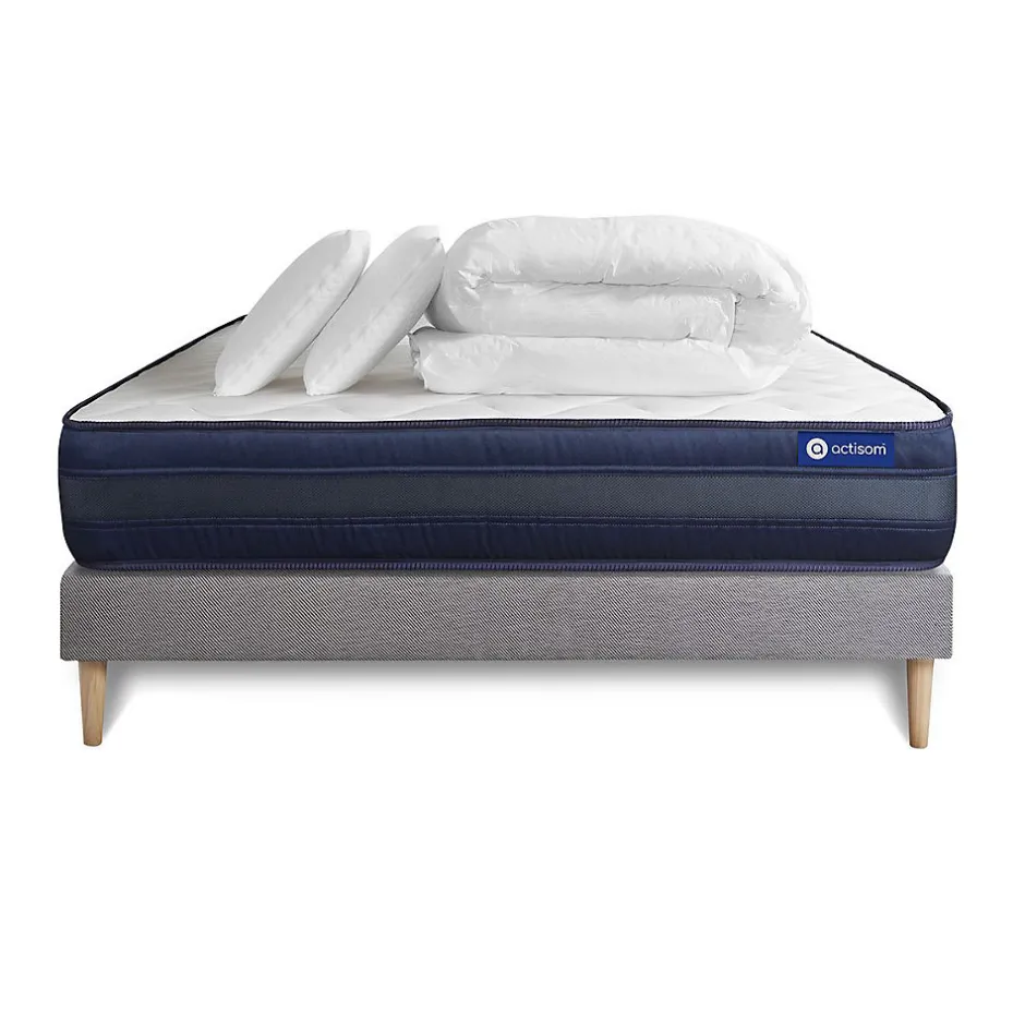 Actisom Pack sommier kit matelas Ressorts ensachés et mémoire de forme avec couette et oreillers
