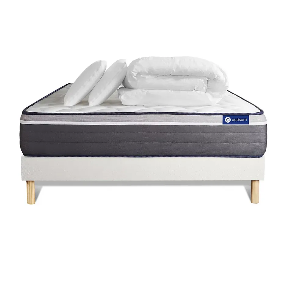 Actisom Pack sommier kit matelas Latex et mémoire de forme avec couette et oreillers New