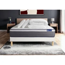 Actisom Pack sommier kit matelas Latex et mémoire de forme avec couette et oreillers New