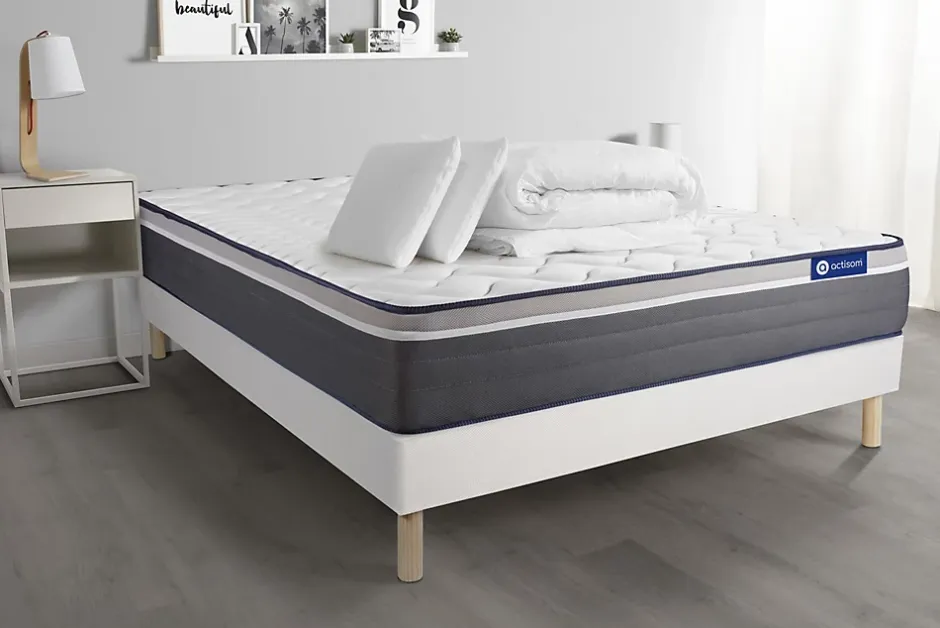 Actisom Pack sommier kit matelas Latex et mémoire de forme avec couette et oreillers New