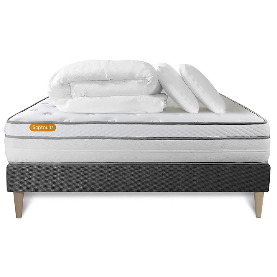 Sept Nuits Pack sommier kit matelas Ressorts ensachés et mémoire de forme avec couette et oreillers