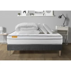 Sept Nuits Pack sommier kit matelas Ressorts ensachés et mémoire de forme avec couette et oreillers