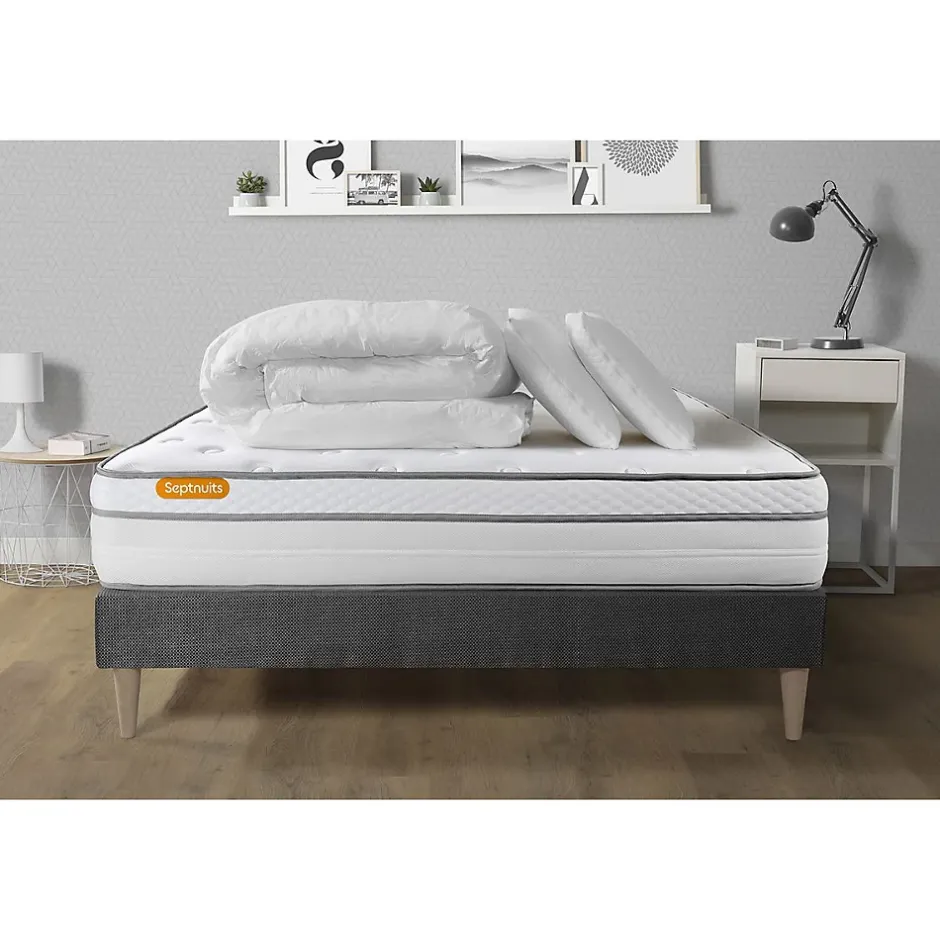 Sept Nuits Pack sommier kit matelas Ressorts ensachés et mémoire de forme avec couette et oreillers