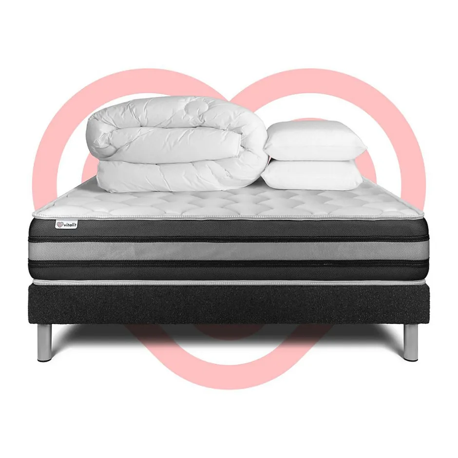 Vitalit Pack sommier kit matelas Ressorts ensachés et mémoire de forme avec couette et oreillers
