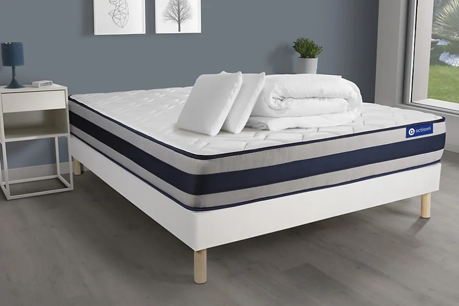 Actisom Pack sommier kit matelas Ressorts ensachés et mémoire de forme avec couette et oreillers