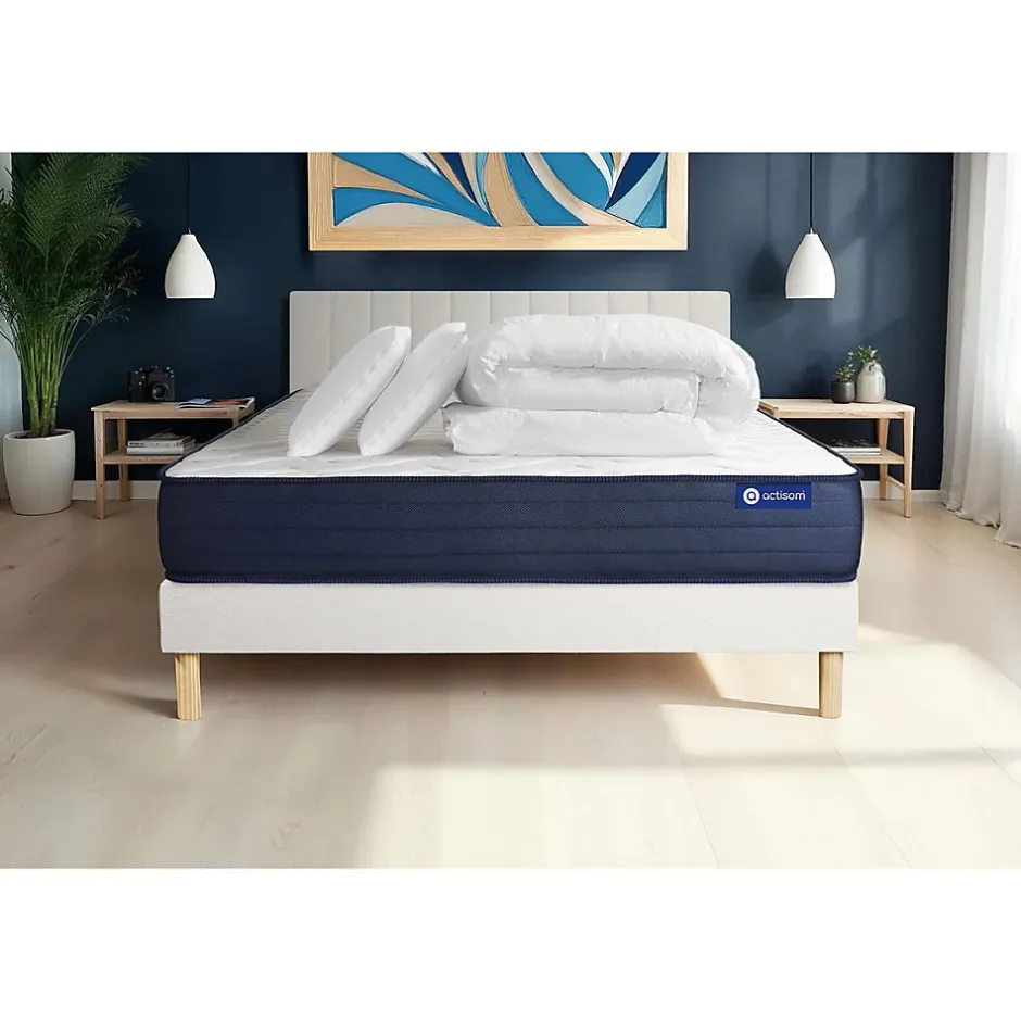 Actisom Pack sommier kit matelas Ressorts ensachés et mémoire de forme avec couette et oreillers Best