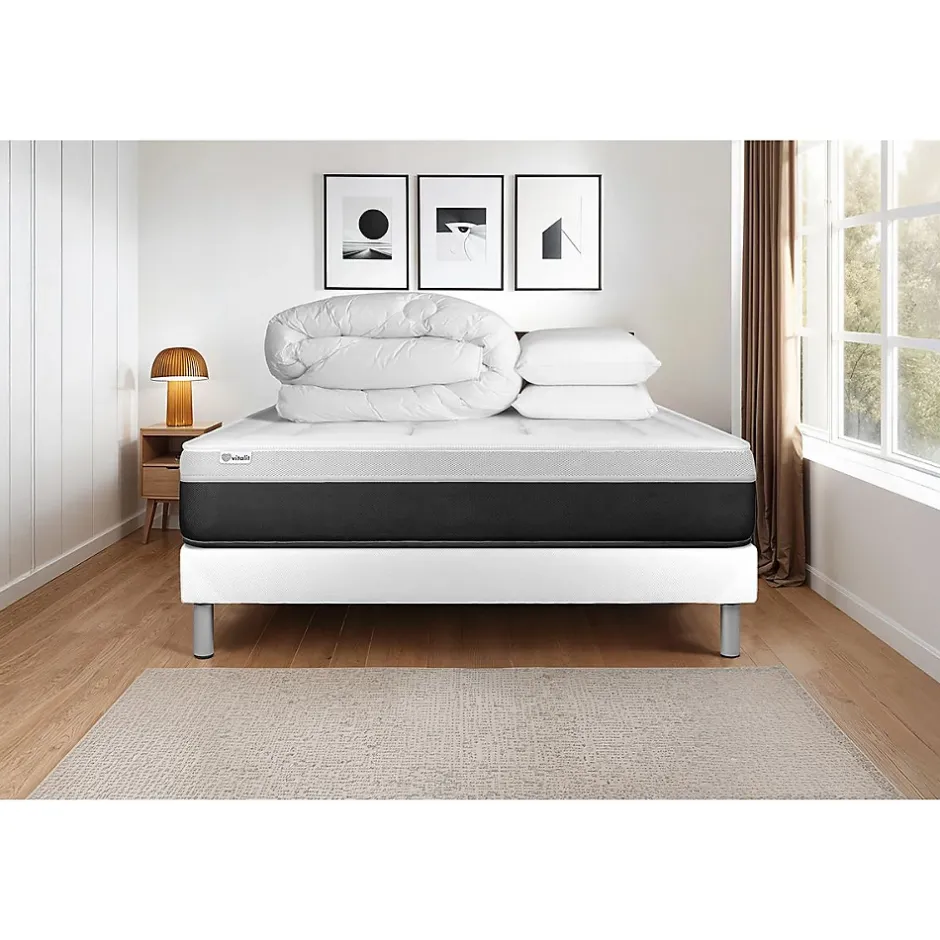 Vitalit Pack sommier kit matelas Ressorts ensachés et mémoire de forme avec couette et oreillers