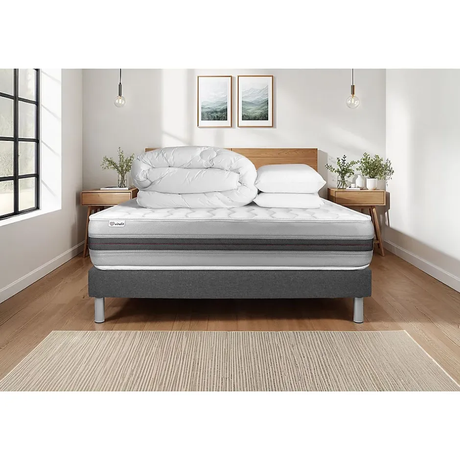 Vitalit Pack sommier kit matelas Ressorts ensachés et mémoire de forme avec couette et oreillers Sale