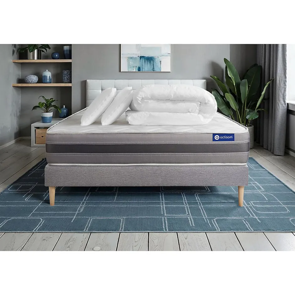 Actisom Pack sommier kit matelas Ressorts ensachés et mémoire de forme avec couette et oreillers