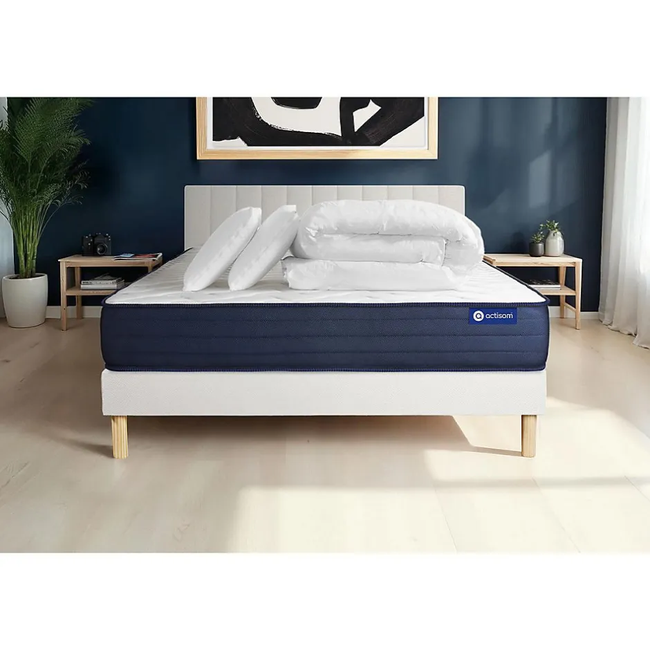 Actisom Pack sommier kit matelas Latex et mémoire de forme avec couette et oreillers