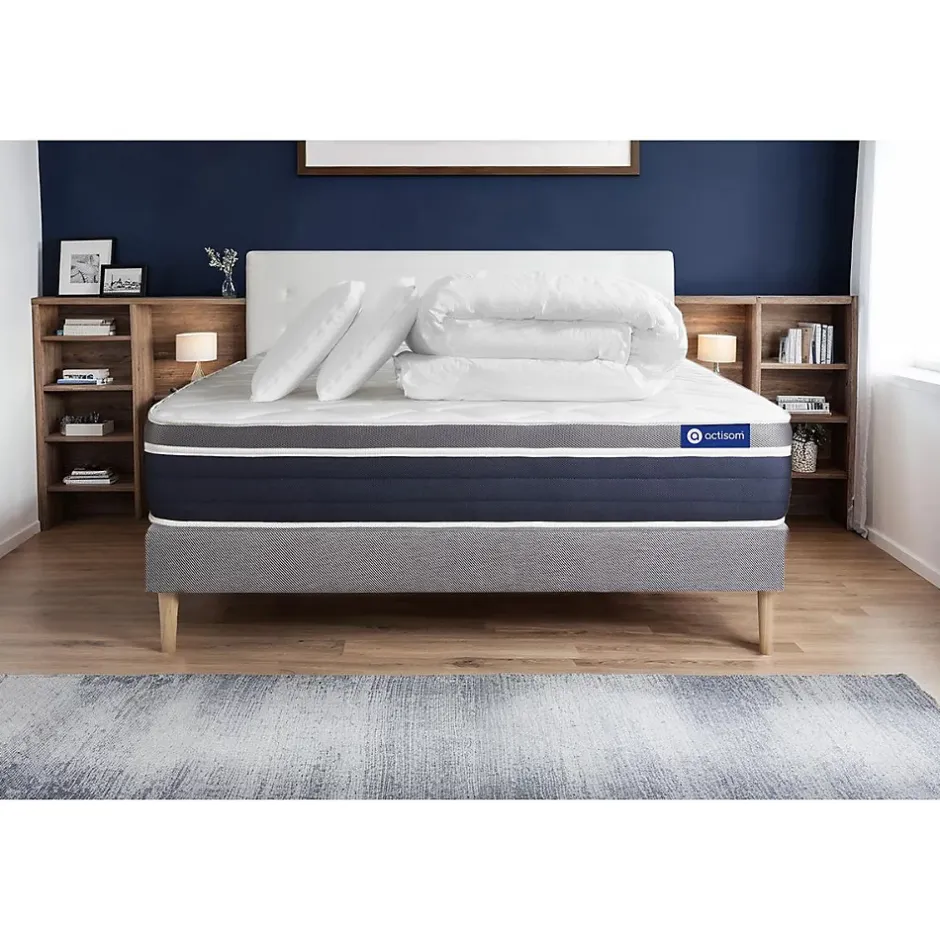 Actisom Pack sommier kit matelas Latex et mémoire de forme avec couette et oreillers Hot