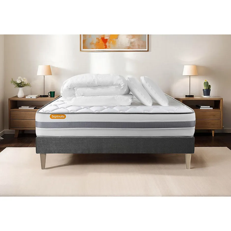 Sept Nuits Pack sommier kit matelas Ressorts ensachés et mémoire de forme avec couette et oreillers