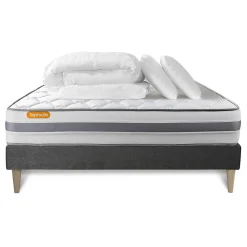 Sept Nuits Pack sommier kit matelas Ressorts ensachés et mémoire de forme avec couette et oreillers