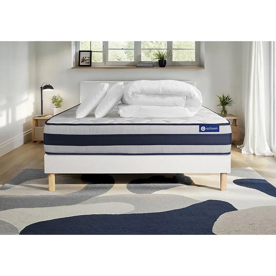 Actisom Pack sommier kit matelas Mémoire de forme avec couette et oreillers Discount