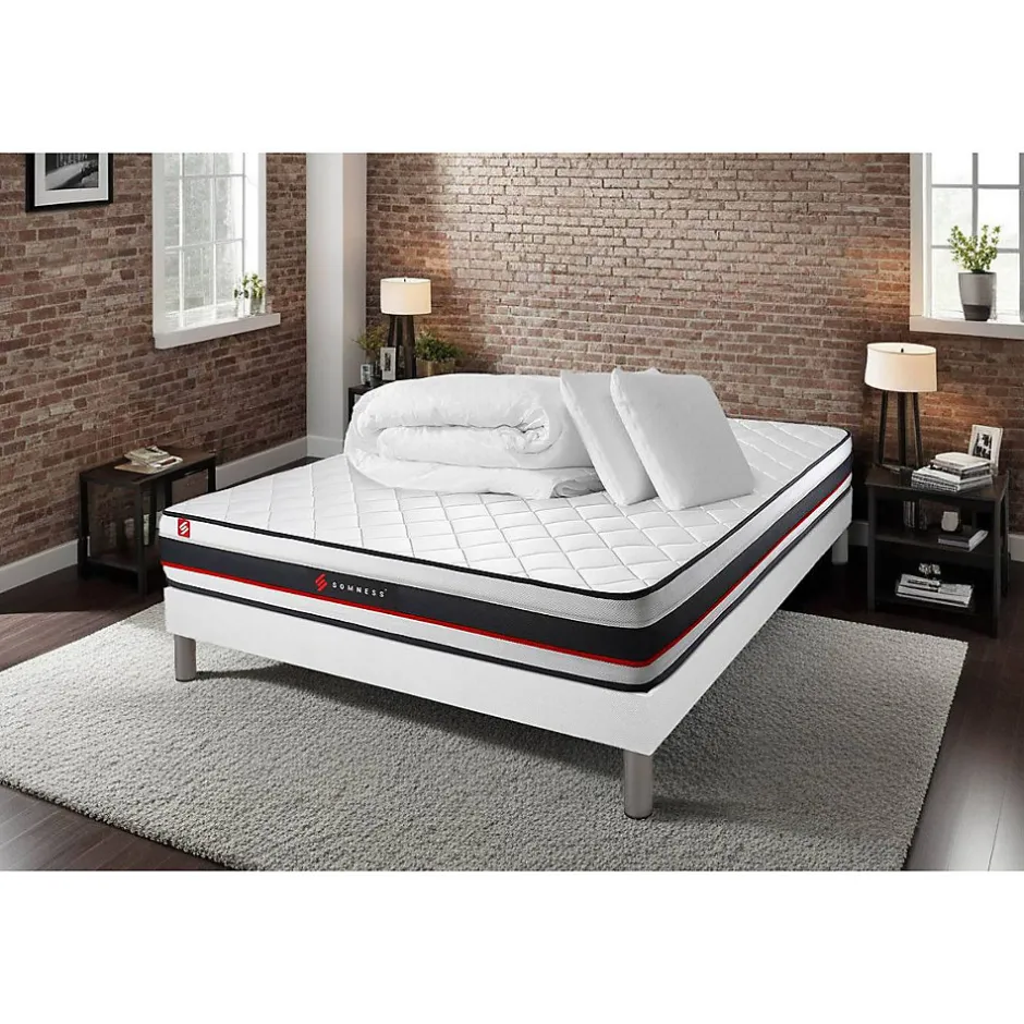 Somness Pack sommier tapissier matelas Mousse avec couette et oreillers