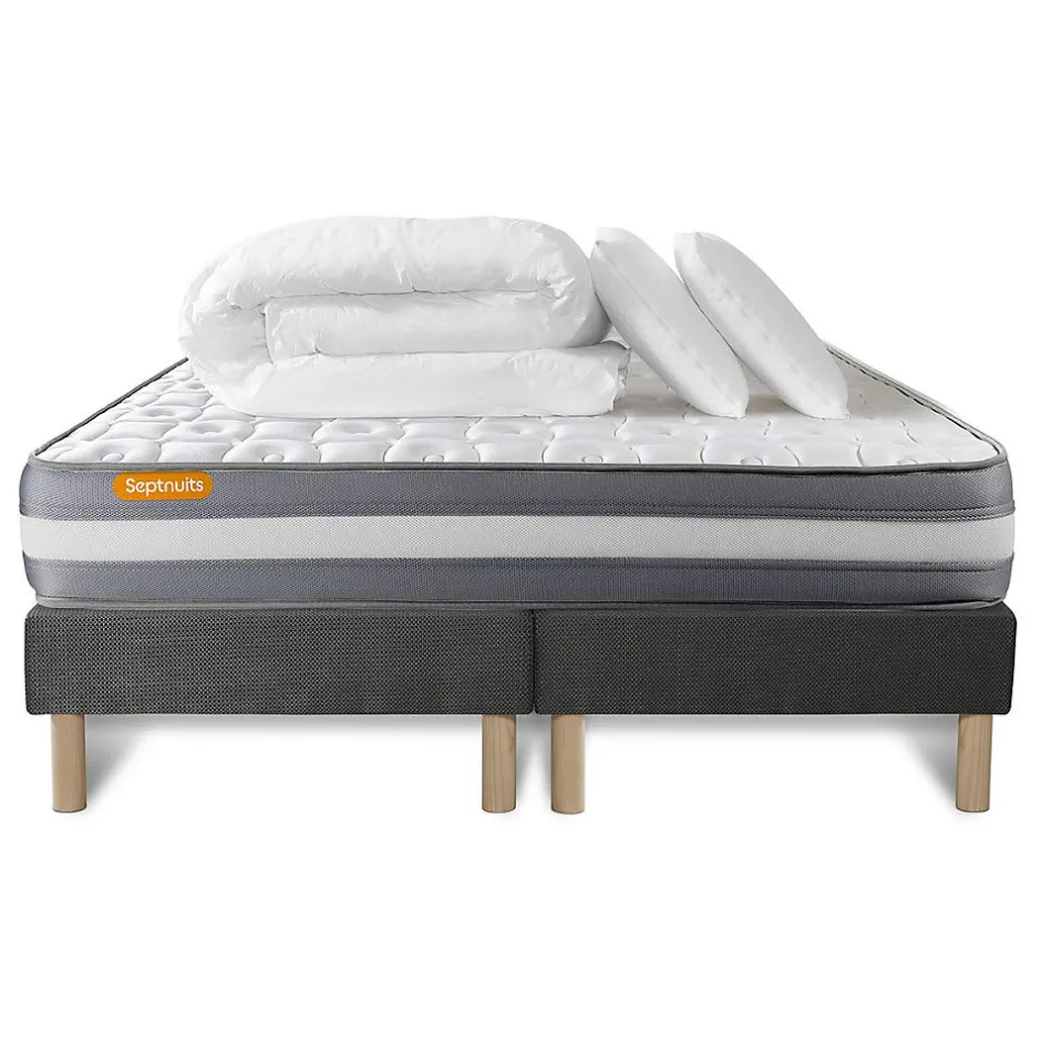 Sept Nuits Pack sommier tapissier matelas Mémoire de forme avec couette et oreillers