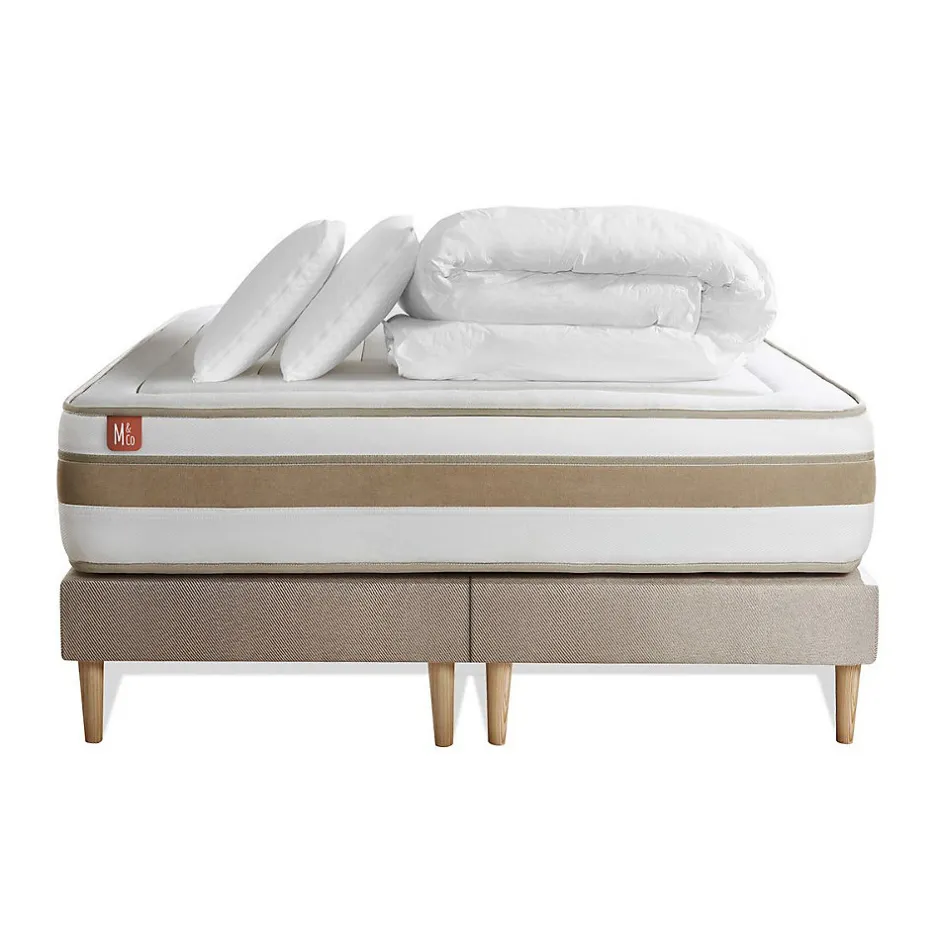 Marmottes & Co Pack sommier tapissier matelas Ressorts ensachés et mémoire de forme avec couette et oreillers