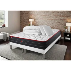 Somness Pack sommier tapissier matelas Ressorts ensachés et mémoire de forme avec couette et oreillers