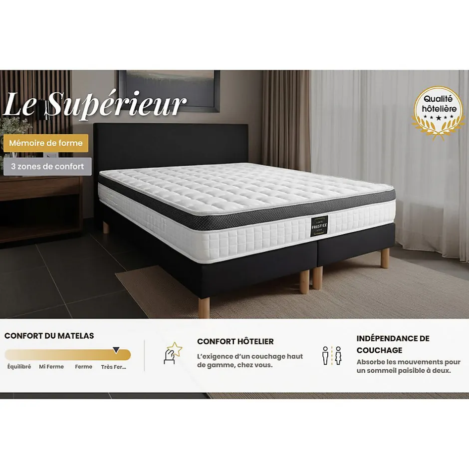 Prestige Literie Pack sommier tapissier matelas Mémoire de forme avec couette et oreillers