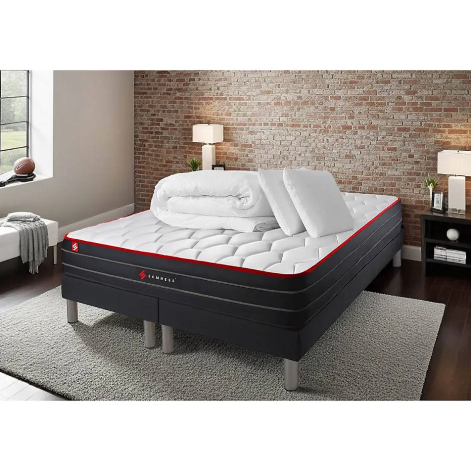 Somness Pack sommier tapissier matelas Ressorts ensachés et mémoire de forme avec couette et oreillers