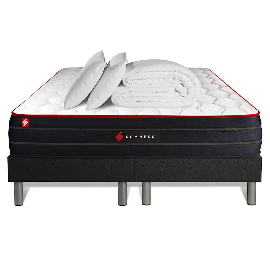 Somness Pack sommier tapissier matelas Ressorts ensachés et mémoire de forme avec couette et oreillers