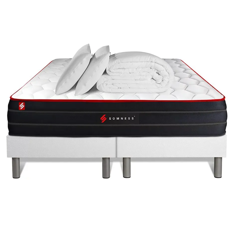 Somness Pack sommier tapissier matelas Ressorts ensachés et mémoire de forme avec couette et oreillers
